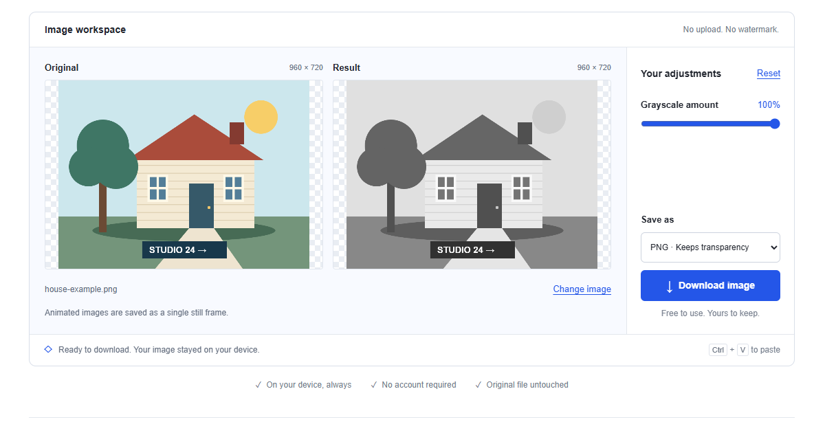 grayscale image: Original color house artwork beside neutral gray tones at 100% grayscale amount.
