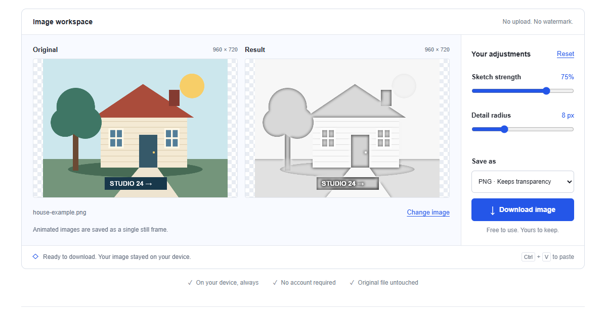 image to sketch: Original house artwork beside pencil-style shading at 75% strength and an 8 px detail radius.