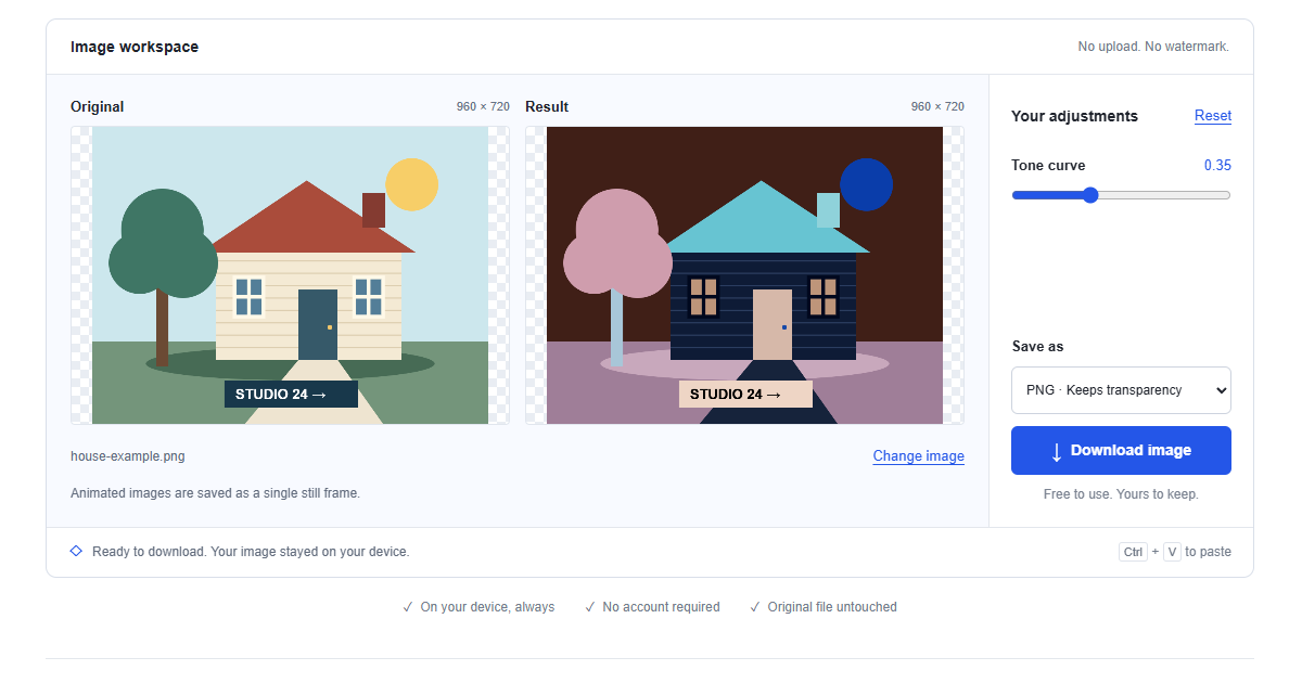 negative image: Original house artwork beside reversed colors with Tone curve set to 0.35.