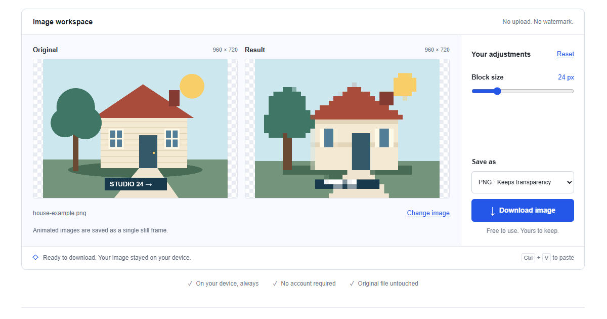 pixelate image: Original house artwork beside a mosaic made with a 24 px block size.