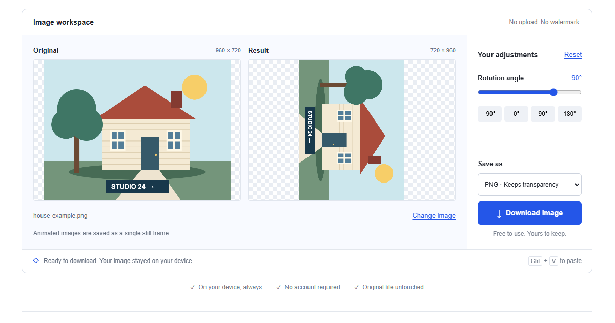 rotate image: Original house artwork beside a 90-degree clockwise rotation.